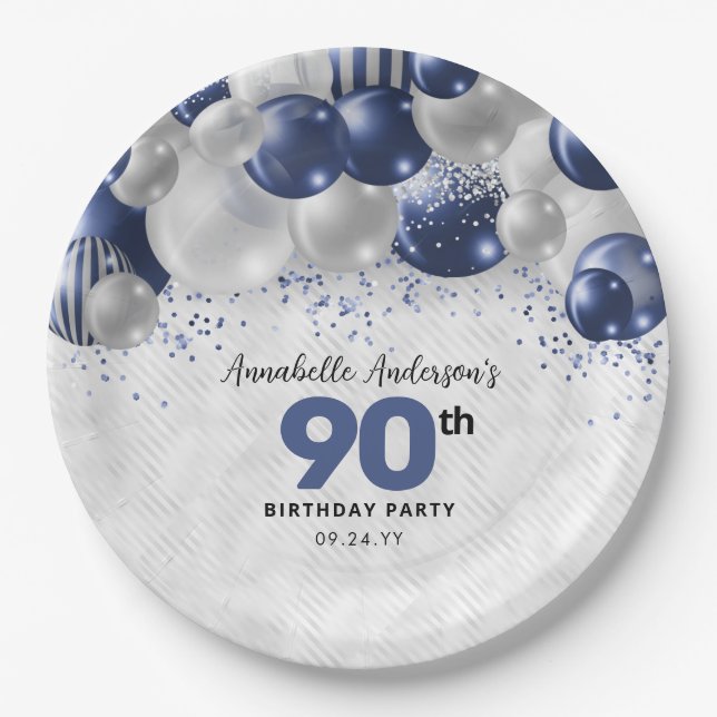 Plato De Papel Purpurina 90º cumpleaños del globo Navy Blue Silve (Anverso)