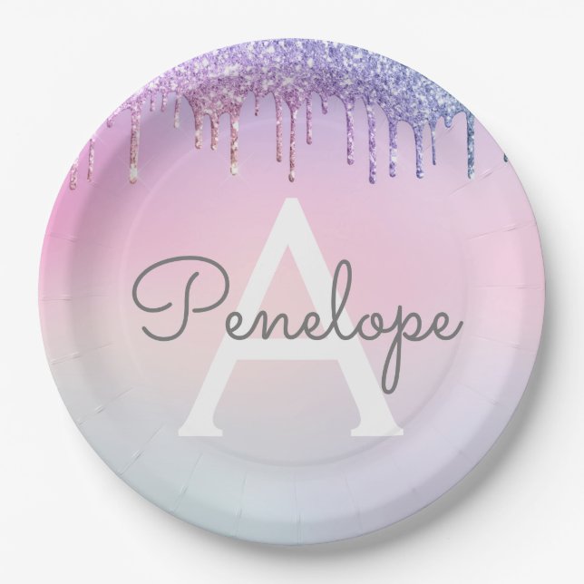 Plato De Papel Purpurina Arcoiris Lluvia Con Monograma (Anverso)