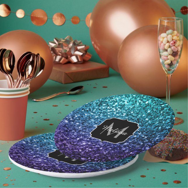 Plato De Papel Purpurina azul Aqua Ombre fino chispas Monograma (Multi)