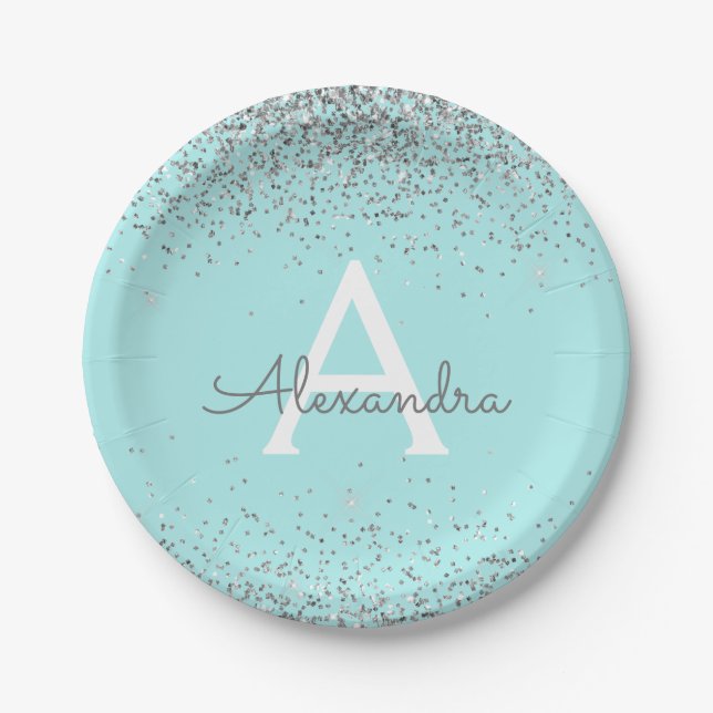 Plato De Papel Purpurina azul Aqua verde azulado Sparkle Monogram (Anverso)