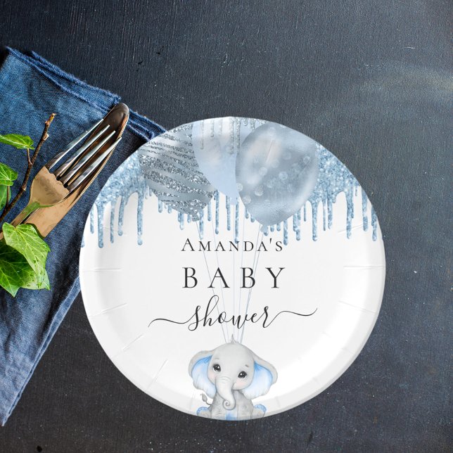 Plato De Papel purpurina azul claro Baby Shower niño elefante bla (Subido por el creador)