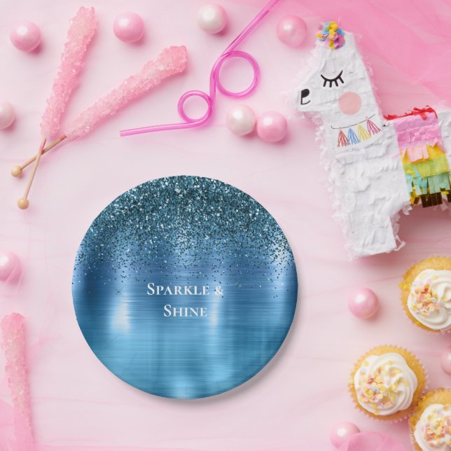 Plato De Papel Purpurina azul de Aqua metálico (Fiesta)