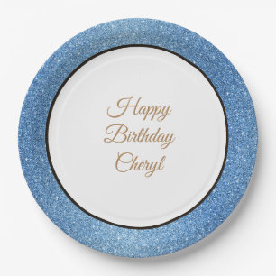 Plato De Papel Purpurina azul de encargo 9" del feliz cumpleaños