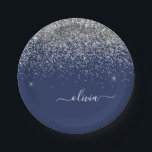 Plato De Papel Purpurina azul de la Marina Plata Monograma Girly<br><div class="desc">Plata y Purpurina de espuma azul de la Marina Nombre Monograma y Placas Fiestas Iniciales. Esto hace que el dulce perfecto cumpleaños 16,  boda,  ducha de novia,  aniversario,  ducha de bebé o fiesta de soltera sea regalo para alguien que ama el lujo glam y los estilos de moda.</div>