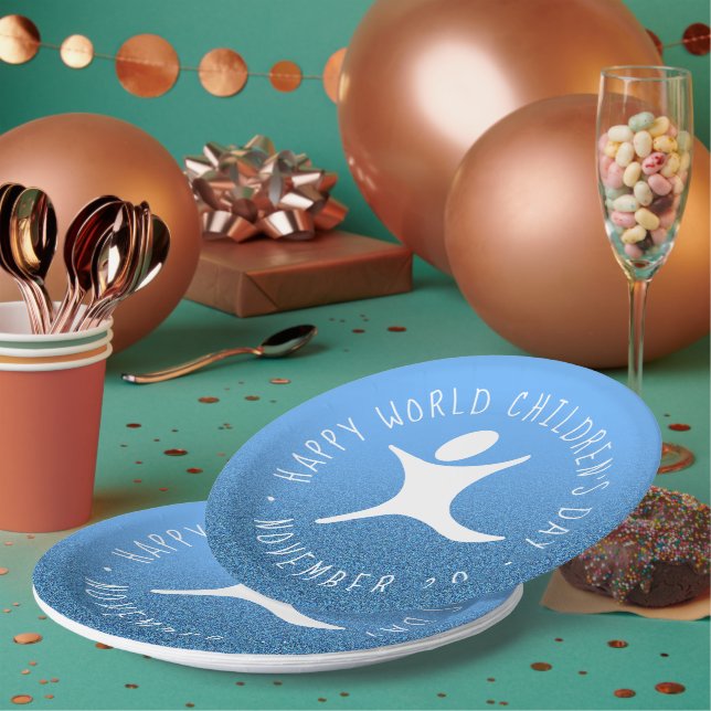 Plato De Papel Purpurina azul del Día Mundial del Niño Feliz (Multi)