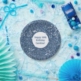 Plato De Papel Purpurina Azul Faux Textura Aspecto Con Texto Pers