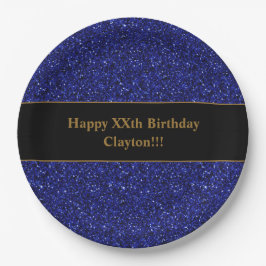 Plato De Papel Purpurina Azul personalizado con fiesta de cumplea