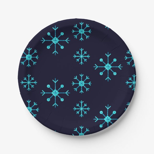 Plato De Papel Purpurina azul Snowflakes (Anverso)