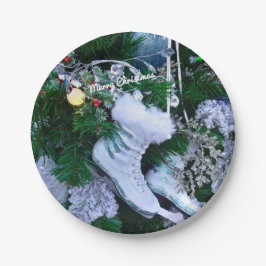 Plato De Papel Purpurina azul y patines de hielo azul en árbol de