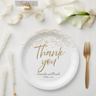 Plato De Papel Purpurina Blanco y Oro Gracias Boda