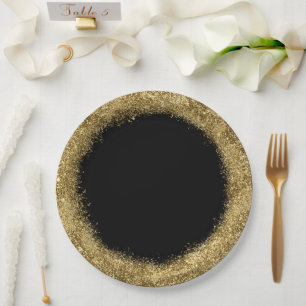 Plato De Papel Purpurina Confetti   Oro y Círculo Negro