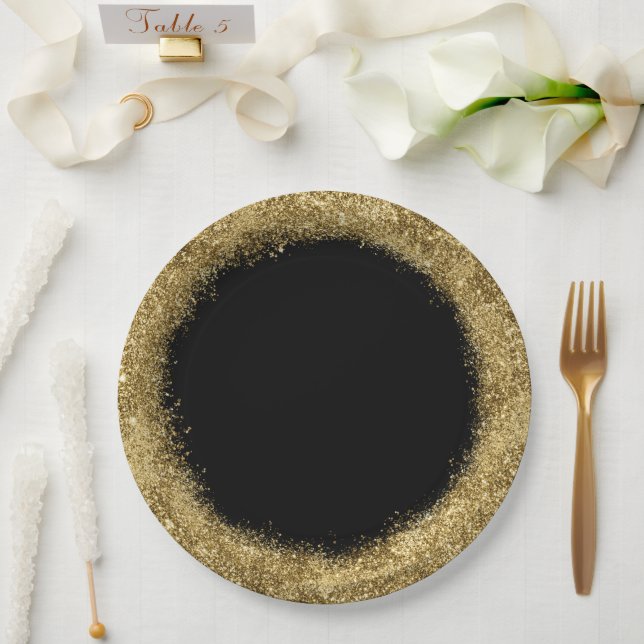 Plato De Papel Purpurina Confetti | Oro y Círculo Negro (Boda)