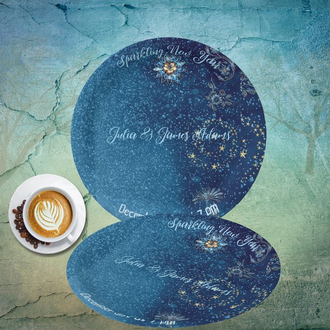 Plato De Papel Purpurina de Año Nuevo esparcido azul Fiesta flora (Blue Sparkling New Year Glitter Stars Floral Party Paper Plates)