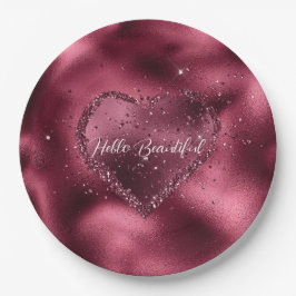 Plato De Papel Purpurina de cerezos de Borgoña Sparkle Heart