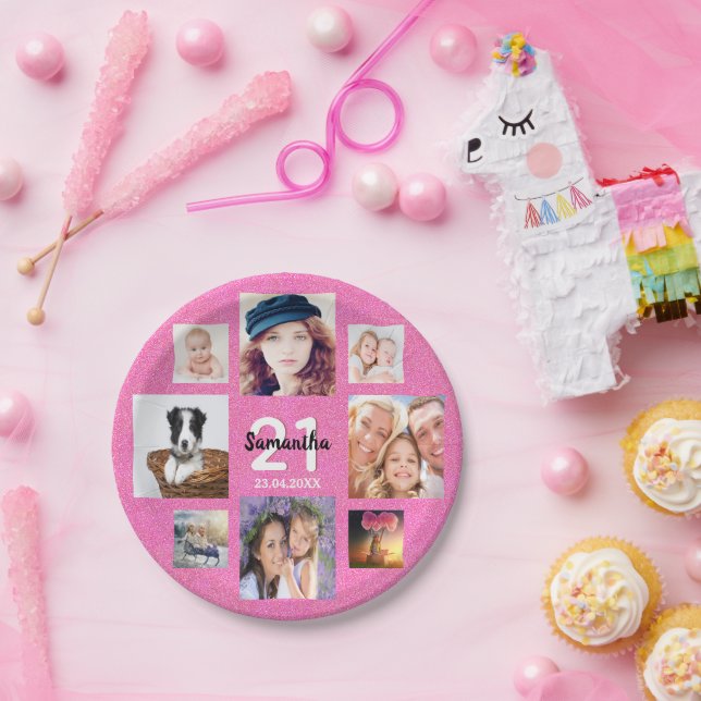 Plato De Papel purpurina de collage de fotos rosadas de 21 años (Fiesta)