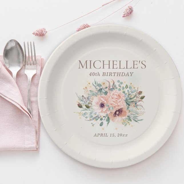 Plato De Papel Purpurina de follaje floral rosa 40 cumpleaños (Blush pink floral and sage green leaves birthday party paper plates)