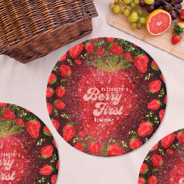 Plato De Papel Purpurina de fresa de cumpleaños 1 Berry negro de