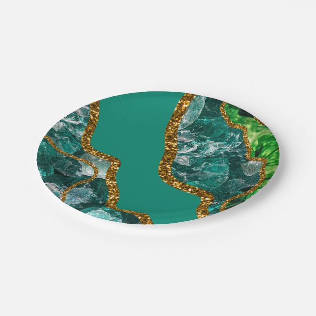 Plato De Papel Purpurina de Geode de Emerald Green y Gold Agate (Angular)