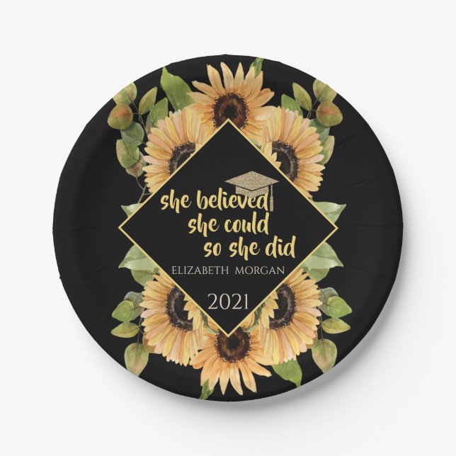 Plato De Papel Purpurina de girasoles Graduado Cap Bebida Coca (Anverso)