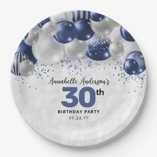 Plato De Papel Purpurina de globo de plata azul de la Marina Glam
