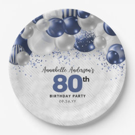 Plato De Papel Purpurina de globo Navy Blue Silver 80 cumpleaños