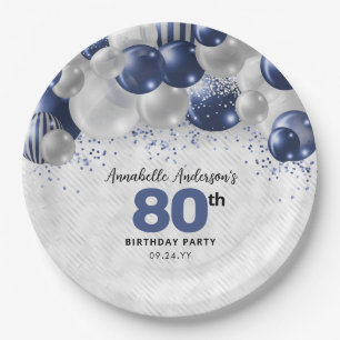 Plato De Papel Purpurina de globo Navy Blue Silver 80 cumpleaños