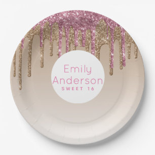 Plato De Papel Purpurina de goteo Sweet16 Rosa Oro Rosa 16º Fiest