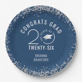 Plato De Papel Purpurina de Graduación Moderna Blue Faux Silver