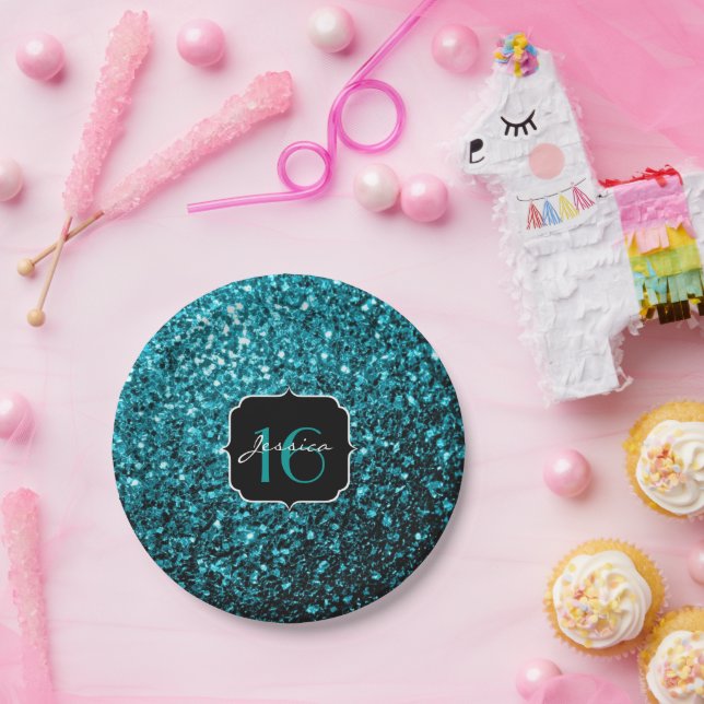 Plato De Papel Purpurina de imitación azul brillante Aqua chispa  (Fiesta)