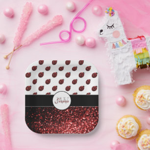 Plato De Papel Purpurina de imitación rojo oscuro rompe Monograma