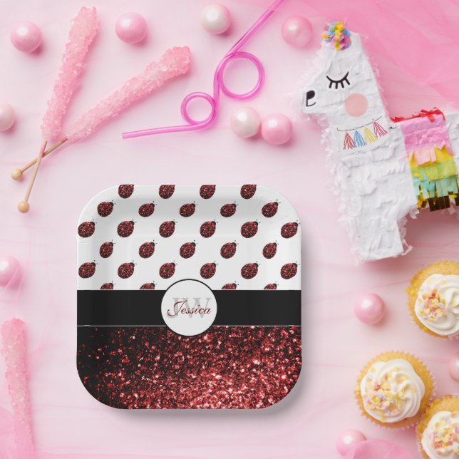 Plato De Papel Purpurina de imitación rojo oscuro rompe Monograma (Fiesta)