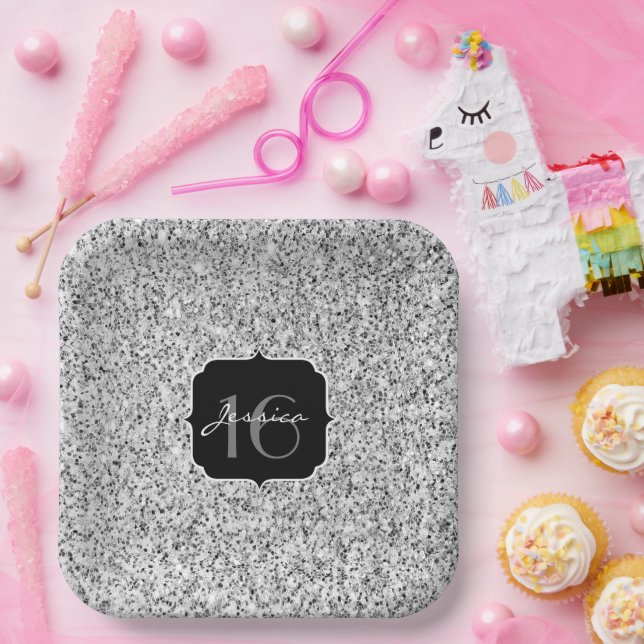 Plato De Papel Purpurina de luz gris plateada chispas Sweet 16 (Fiesta)