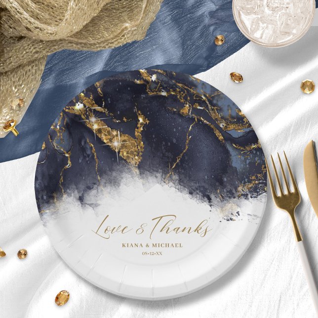 Plato De Papel Purpurina de mármol Boda Navy Blue Gold ID644 (Subido por el creador)
