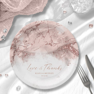 Plato De Papel Purpurina de mármol Boda Rosa Gold V1 ID644