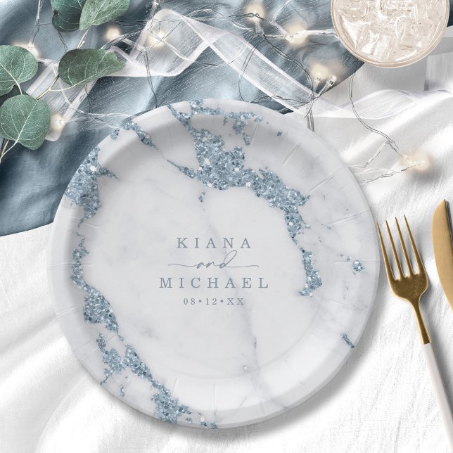 Plato De Papel Purpurina de mármol moderno Boda Dusty Blue ID816 (Subido por el creador)