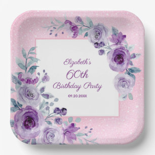 Plato De Papel Purpurina de moda Rosas Púrpura Rosa Cumpleaños Fl