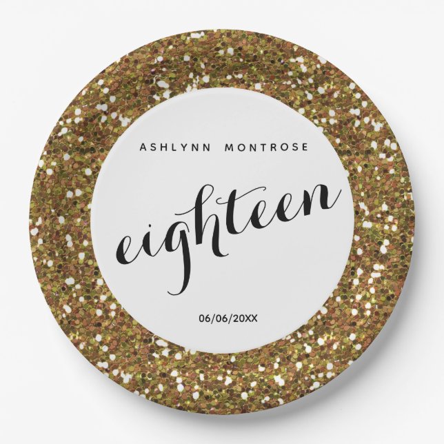 Plato De Papel Purpurina de Oro 18 cumpleaños (Anverso)
