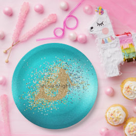 Plato De Papel Purpurina de oro Aqua Turquoise Sparkle Mermaid
