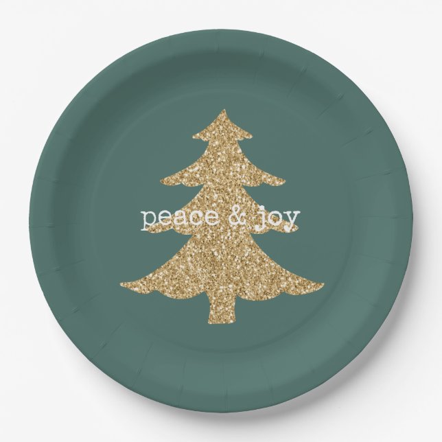 Plato De Papel Purpurina de oro árbol de Navidad Pine Green Peace (Anverso)