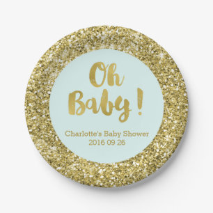 Plato De Papel Purpurina de oro azul claro Oh placa Baby Shower p
