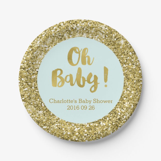 Plato De Papel Purpurina de oro azul claro Oh placa Baby Shower p (Anverso)