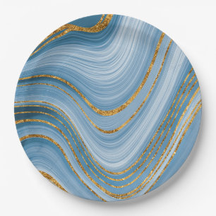 Plato De Papel Purpurina de oro azul Marble Elegant Resumen 