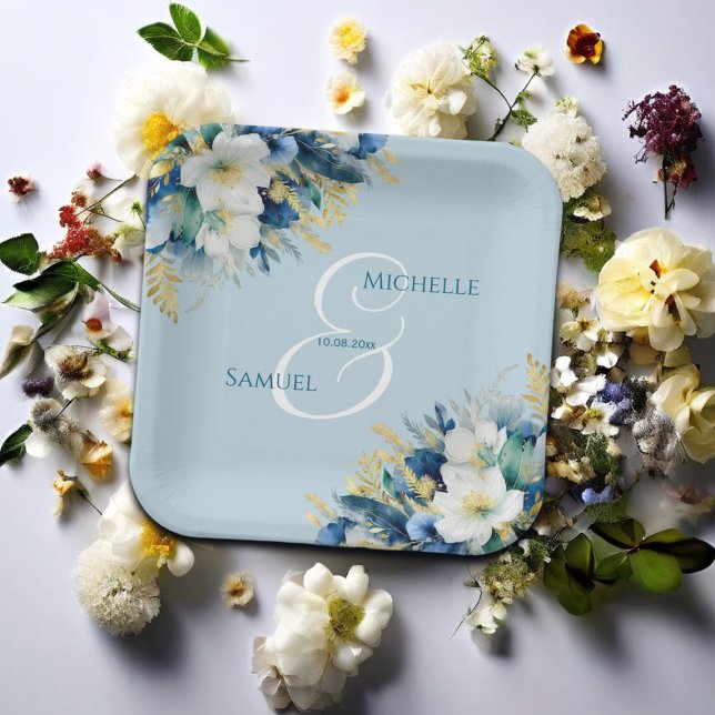 Plato De Papel Purpurina de oro azul turbio Boda floral (Subido por el creador)