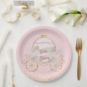 Plato De Papel Purpurina de oro Carriage Fairy Tale Baby Shower