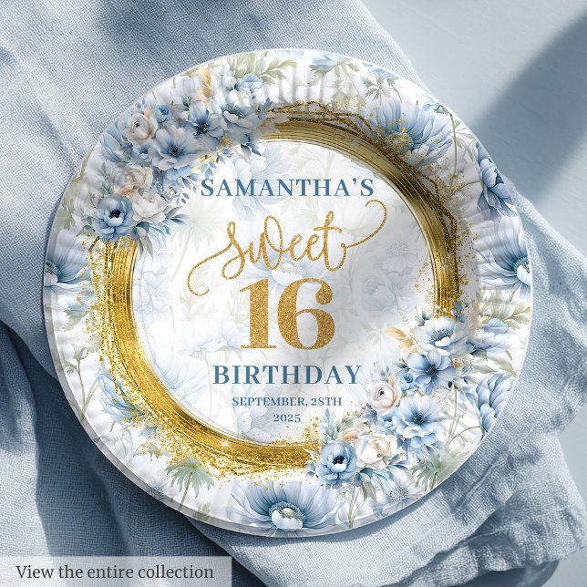 Plato De Papel Purpurina de oro Classic Light Blue Sweet 16 (Classic Light Blue Sweet Sixteen Gold Glitter Paper Plates)