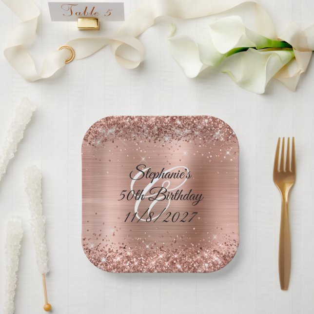 Plato De Papel Purpurina de oro falso Rosa y Relieve metalizado 5 (Boda)