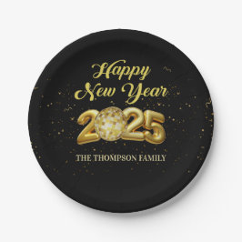 Plato De Papel Purpurina de oro Feliz Año Nuevo 2025 Plate de pap