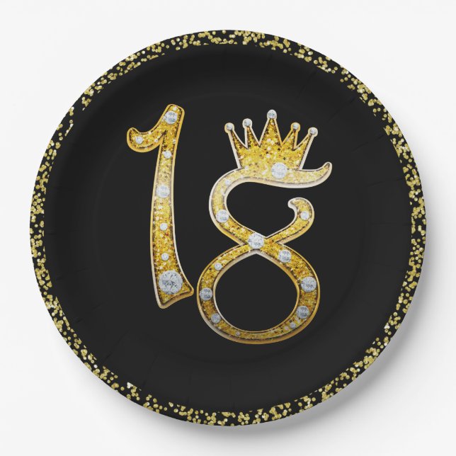 Plato De Papel Purpurina de Oro Glam Modern 18th Crown Birthday 1 (Anverso)