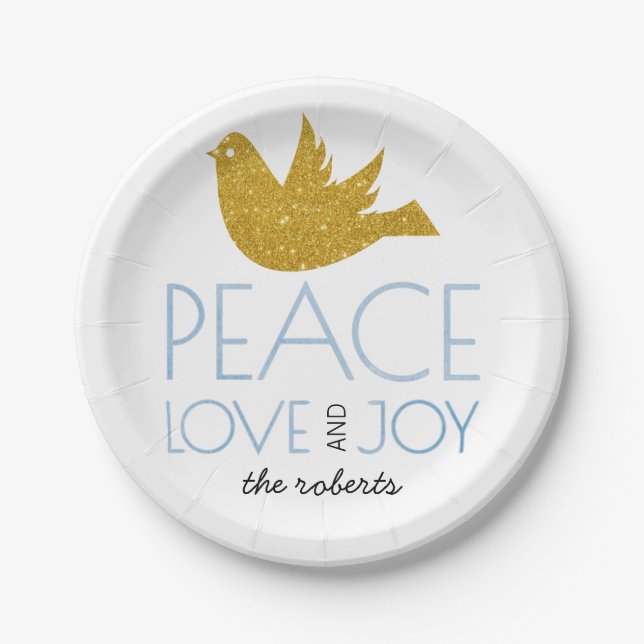 Plato De Papel Purpurina de oro holly berry Joy Love Peace Navida (Anverso)