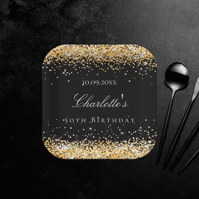 Plato De Papel Purpurina de oro negro de cumpleaños destellos nom (Subido por el creador)